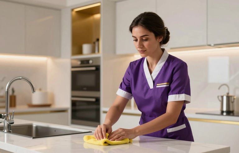 A professional female cleaner in a modern, purple and white uniform expertly cleaning a high-end, minimalist kitchen in an Al Ain villa. Soft natural light, luxury interior with gold accents, Middle Eastern / Gulf setting, sophisticated atmosphere.