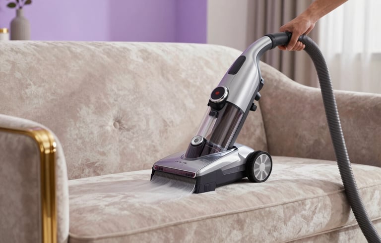 Close-up of a high-tech steam cleaner being used on a luxury velvet sofa in a bright, modern Middle Eastern living room. Subtle golden accents on the furniture, soft purple lighting in the background, elegant and clean aesthetic.