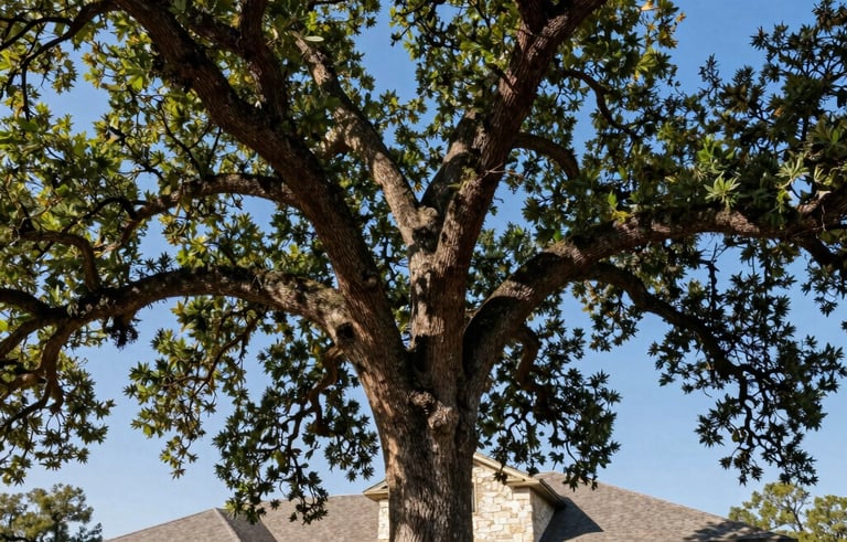 A low-angle professional photograph of a healthy, sprawling live oak tree in a North American / US (Texas) landscape. Sunlight highlights the textured bark and vibrant green canopy. The background shows a clean, modern stone residential exterior under a clear blue sky.