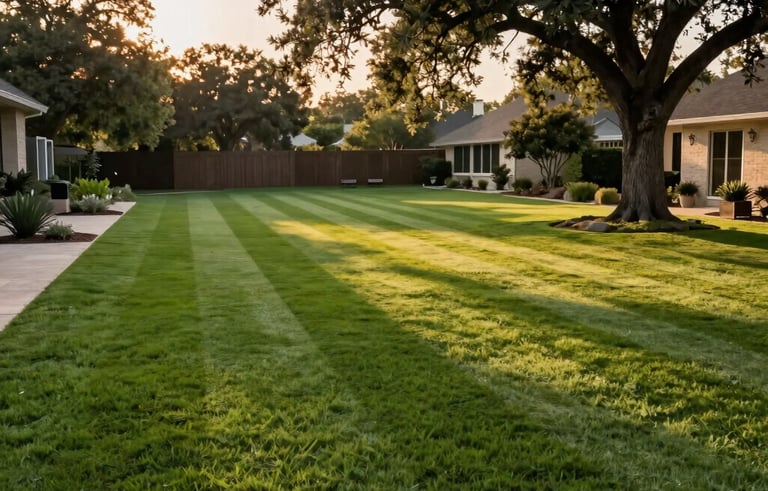 A wide-angle photography shot of a perfectly manicured green lawn with professional mowing stripes in a suburban North American / US (Texas) backyard. Warm golden-hour sunlight filters through the leaves of a large oak tree onto the lush turf. The composition is clean and modern, showcasing natural elegance.
