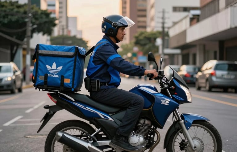 A delivery courier on a modern motorcycle stopping in a vibrant urban street in Brazil. The courier is wearing professional gear in navy blue and steel blue. Soft afternoon lighting, urban South America / Brasileiro architecture in the background.