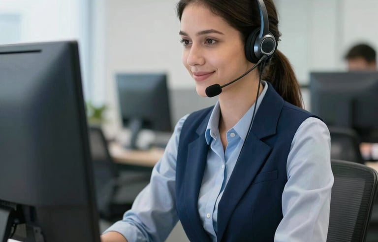 A professional tele-attendant in a modern Brazilian office setting, wearing a high-quality headset, smiling subtly while looking at a computer screen. The lighting is bright and clean. South America / Brasileiro atmosphere with steel blue and navy blue office accents.