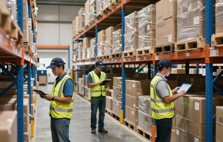 A wide shot of a modern, organized logistics warehouse in Brazil. Workers are using tablets to manage inventory. High-tech feel with clean steel blue shelving. Professional and efficient South America / Brasileiro workplace atmosphere.