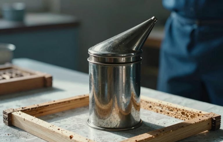 A professional close-up of beekeeping equipment including a metal smoker and wooden hive frames on a sunlit table in an Anatolian / Turkish rural setting, soft natural morning light, deep blue and light grey color tones.