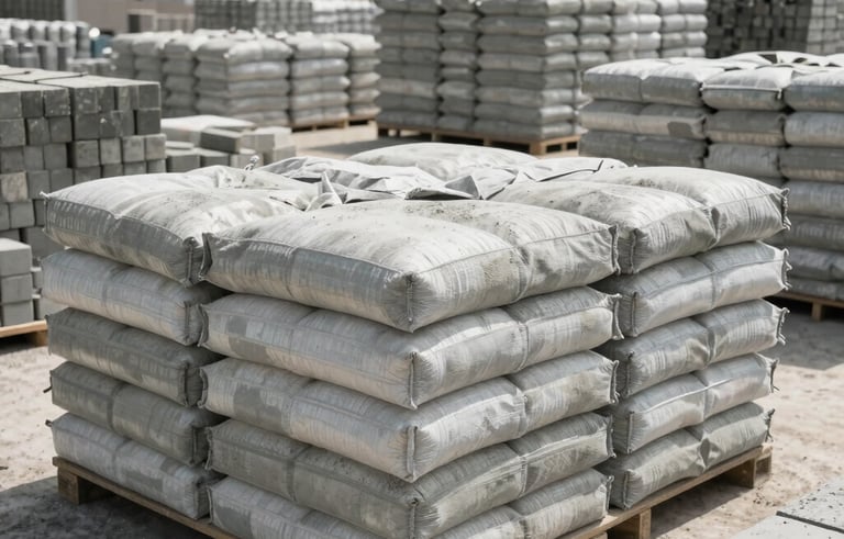Wide shot of stacked bags of cement and construction bricks at a professional supply yard in Anatolia, Turkey, clean organization, bright daytime lighting, reliable industrial look.