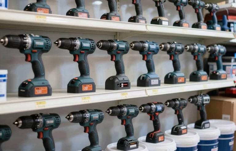 A display of professional power drills and high-quality paint buckets organized in a clean Turkish hardware store setting, bright daylight, professional atmosphere, dark blue and white branding colors.