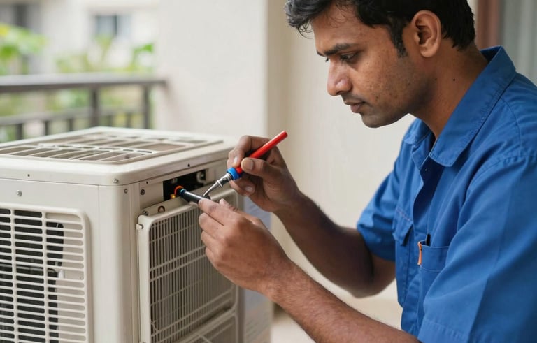 A professional South Asian technician in a blue uniform carefully inspecting a split air conditioning unit in a modern residential apartment in Noida. Natural daylight, close-up shot showing precision tools, clean and professional atmosphere.