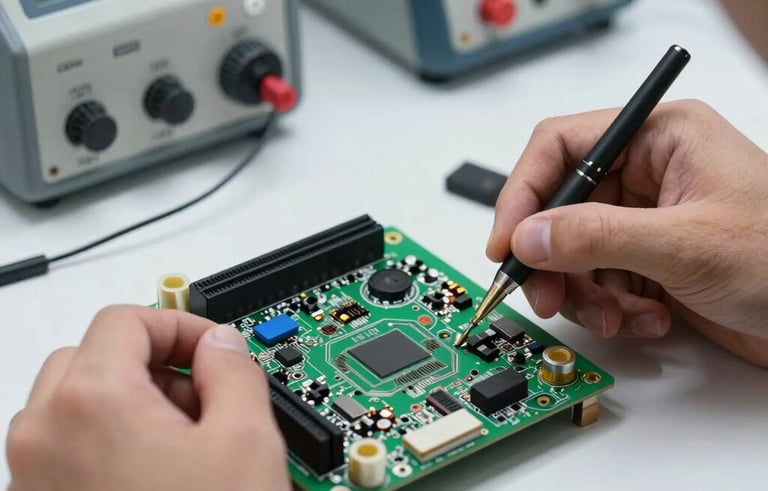 A close-up of a high-tech AC circuit board being repaired by a skilled technician. The background shows a clean, organized workstation with professional testing equipment. Soft, even studio lighting.