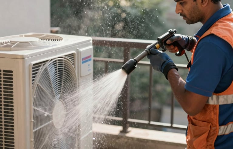 A South Asian HVAC professional using a high-pressure water jet to clean the outdoor condenser unit of an AC on a sunlit balcony in Noida. Water droplets visible in the air, professional cleaning gear used.