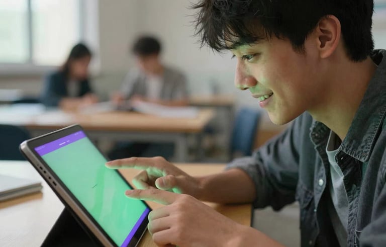 A close-up photograph of a focused student in a brightly lit modern study area, smiling at a tablet screen that glows with vibrant green and purple light. The composition is dynamic and shallow-focused. Global / English-speaking.