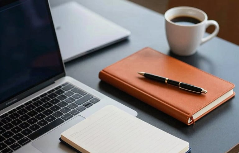 A close-up photograph of a professional workstation in a sleek North American co-working space. A laptop, a notebook, and a cup of coffee are arranged neatly on a dark surface. Modern lighting. Colors include navy blue and burnt orange.