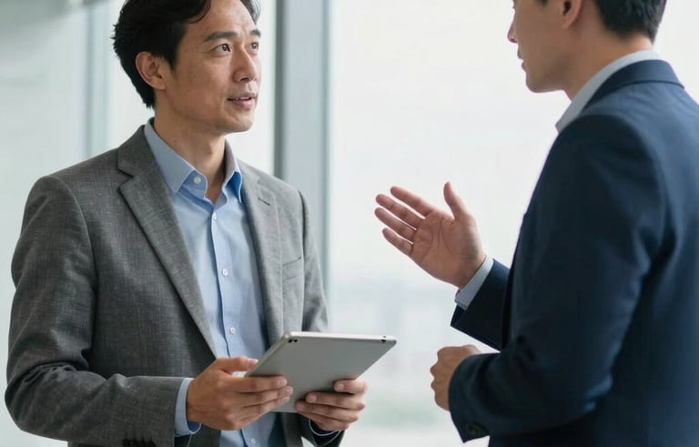 Professional candid photography of a business consultant in a modern North American office setting, holding a tablet and gesturing towards a bright window. The mood is confident and efficient. Colors include gray-blue and deep navy.