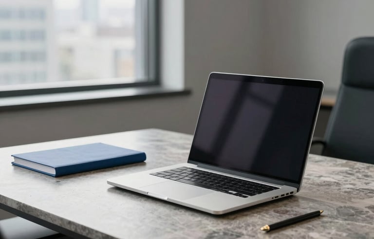 Photography of a high-end, uncluttered executive workspace in a North American office, featuring a silver laptop on a heavy stone desk with Slate Blue stationery and mist-like natural lighting.