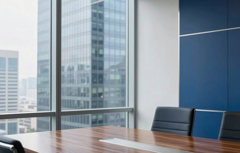 Clean, minimalist photography of a bright boardroom in a North American corporate skyscraper, featuring large glass windows, a polished wood table, and sleek Deep Blue and Platinum accents under soft morning light.