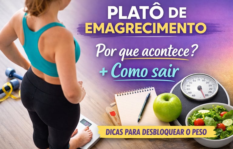 Capa sobre platô de emagrecimento com mulher na balança e alimentos saudáveis.