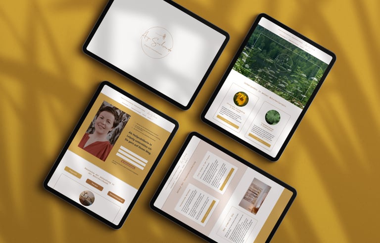 Tablets displaying a responsive health practitioner website design on a yellow background.