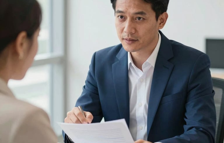 A professional Southeast Asian businessman in a sharp navy blue suit, discussing financial documents with a colleague in a bright, modern Jakarta office. The lighting is natural and airy, reflecting a mood of trust and integrity. The color palette features soft off-white and steel blue tones.