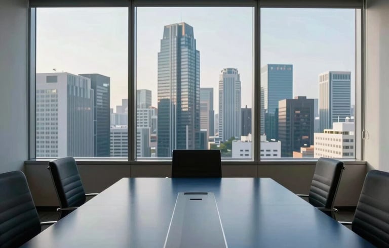 A clean, minimalist high-floor meeting room in a Southeast Asian financial district. Through the window, a skyline of modern skyscrapers is visible. Inside, a dark navy blue conference table reflects the soft morning light, creating an atmosphere of professional efficiency.