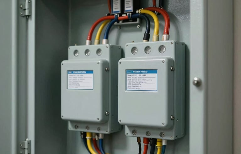 Close-up of a newly installed high-capacity electrical service panel with organized wiring. The photo reflects a modern North American utility room setting with professional craftsmanship.