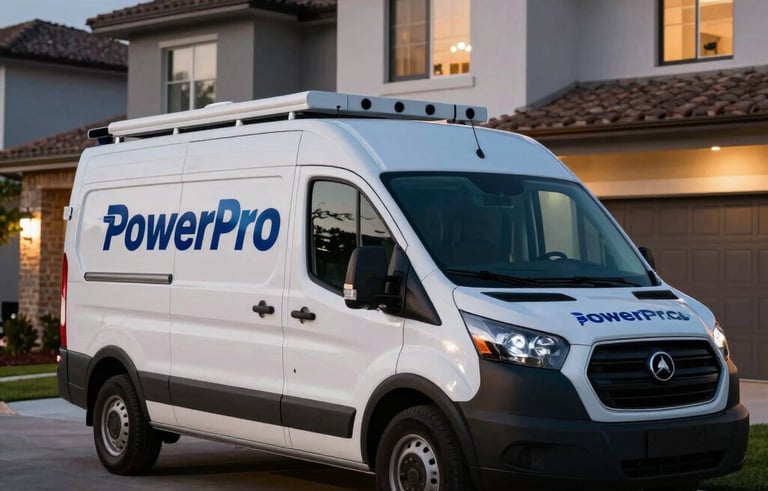A PowerPro Electric service van parked outside a modern Orlando residence at twilight. The scene is professional and reliable, indicating 24/7 readiness for electrical emergencies.
