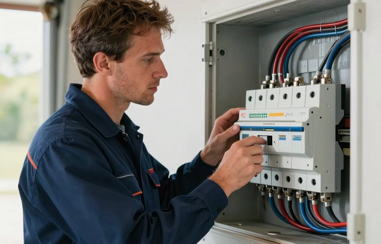 A professional electrician wearing a navy blue uniform inspecting a modern residential circuit breaker in a North American home garage. The lighting is clean and bright, showing the expert at work with a focused expression.