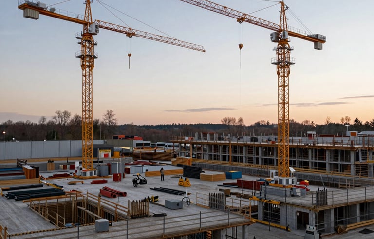 Wide shot of a clean, organized German construction site at dawn, cranes in the background against a soft light slate sky. High contrast, professional lighting.