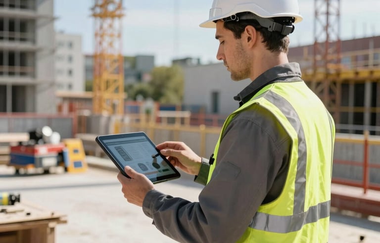A skilled construction professional in high-visibility safety gear standing on a Central European urban construction site, holding a tablet showing a digital profile. Professional photography, bright natural daylight, reliable atmosphere.