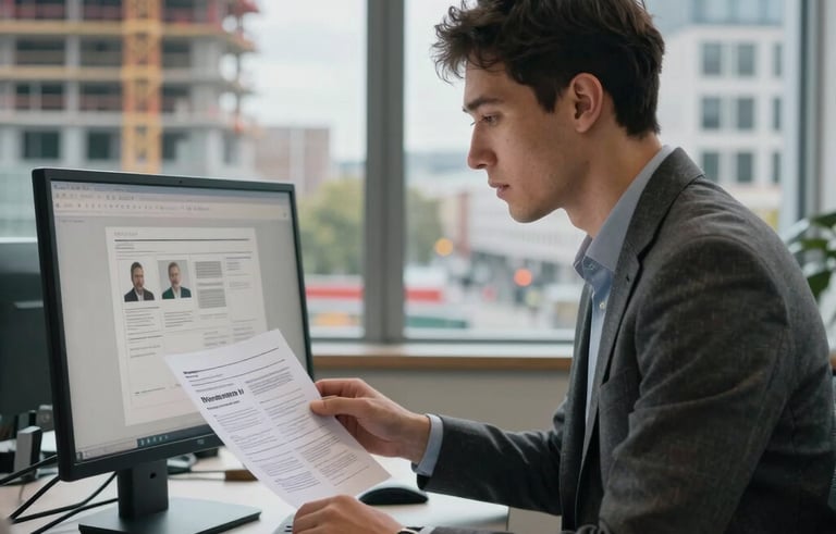 A modern office in Berlin with a window overlooking the city, a construction project manager in smart-casual attire reviewing worker applications on a monitor. Efficient and professional mood.