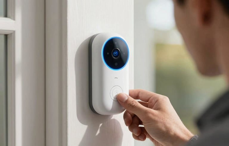 A sharp close-up photograph of a modern smart doorbell with a glowing light-blue ring being mounted onto a clean, white doorframe of a North American / US home. The morning sun provides a bright, efficient lighting, and a professional technician's hand is visible. The aesthetic is modern and clean.