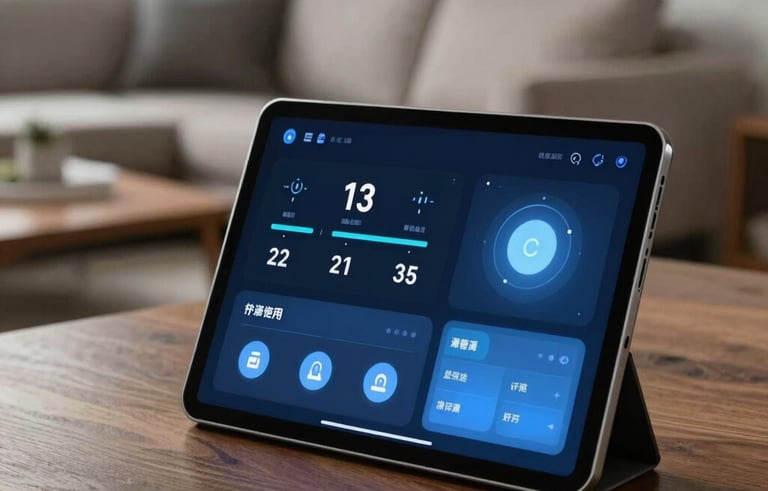A high-quality interior shot of a contemporary North American / US living room with soft lighting. In the foreground, a sleek tablet on a wooden table displays a smart home dashboard with dark-blue and pale-blue accents, controlling lights.