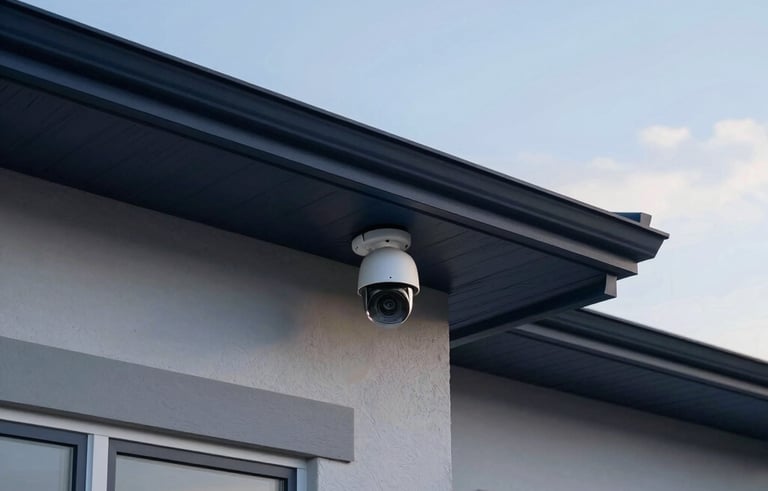 A wide-angle outdoor photograph of a modern North American / US suburban residence at dusk. A smart security camera is neatly installed under a dark-blue roof soffit. The lighting is crisp and the house facade is clean, emphasizing security and reliable technology.