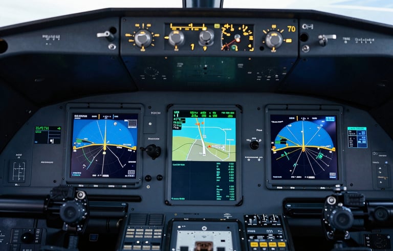 Detailed shot of a sophisticated aircraft cockpit glass display showing navigation maps and communication frequencies. The atmosphere is high-tech, featuring colors like dark navy and bright light blue.
