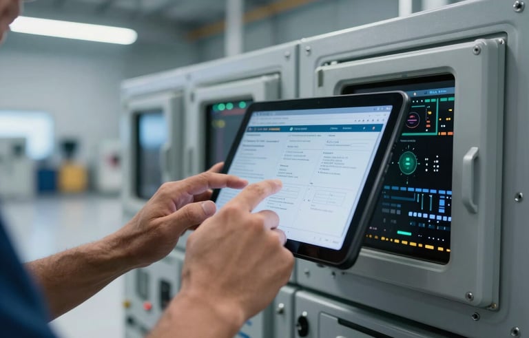 Close-up of a South American / Brazilian technician's hands using a tablet to calibrate avionics systems inside a modern hangar. The environment is professional with tech-focused lighting in light blue and gray tones.