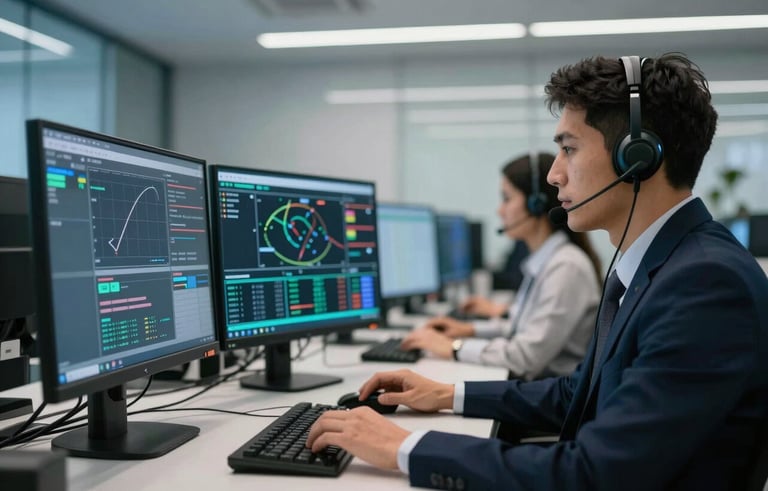 A high-tech, modern call center in a South American / Brazilian office. Professional attendants with headsets are monitoring digital screens displaying avionics data and flight paths. The lighting is clean and efficient with dark navy and light blue tones.