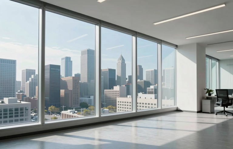 A clean, bright, professional office space in a North American city with floor-to-ceiling windows showing a skyline. The interior is modern with sky blue and white accents, soft natural morning light, and a minimalist aesthetic.