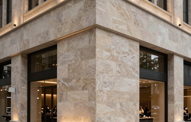 Interior of a sophisticated South American / Brazilian modern commercial building showing a high-end stone facade installation. Architectural lighting, precise alignment of materials, clean and modern aesthetic, professional photography.