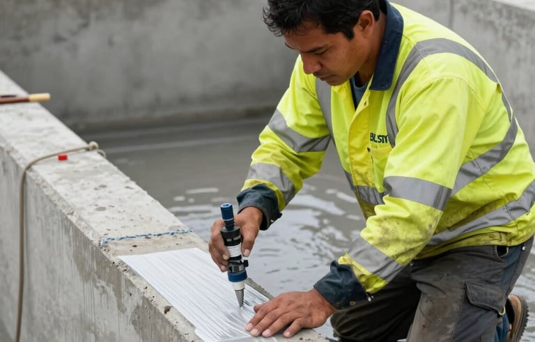 A professional South American / Brazilian technician in high-visibility gear meticulously applying a liquid waterproofing membrane to a large concrete foundation. Bright, clean construction environment, focused on the precision of the application, professional photography style.