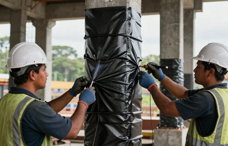 Detailed view of a structural reinforcement project in a South American / Brazilian industrial site. Workers applying carbon fiber wraps to large concrete columns. Technical, safe, and professional atmosphere, focused on engineering precision.