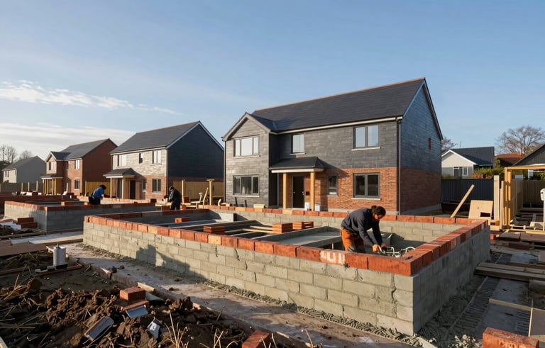 A wide-angle professional photograph of a new-build house construction site in a Northern European / British residential area. Foreground shows a clean site with bricklayers working with light grey mortar and red bricks. Natural morning light, clear composition, focusing on precision and quality craftsmanship. Background colors include dark slate and steel blue sky.