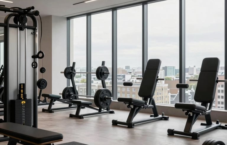 Photography of a minimalist, luxury gym interior in London. Large floor-to-ceiling windows with soft daylight. High-end weights and equipment in matte obsidian black and steel. No people. Clean, spacious, and performance-focused.