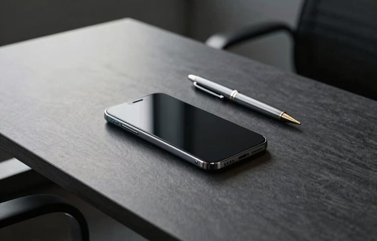 Photography of an elite modern office in London. A dark slate graphite desk with a minimalist smartphone and a high-end metal pen. Soft shadows and strong architectural lines. No people. High-trust and strategic vibe.