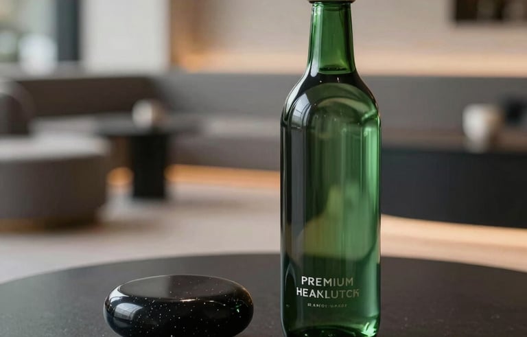 Photography of a premium health brand still life. A dark green glass bottle of mineral water next to an obsidian stone on a matte black surface. Soft focus background of a modern British wellness lounge. No people. Minimalist and luxurious.