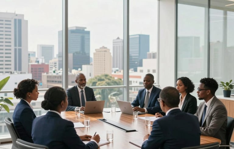 A wide-angle shot of a bright, modern corporate boardroom in a glass-walled skyscraper overlooking a Sub-Saharan Africa / Pan-African city skyline. A group of professionals in business attire are gathered around a wooden table. Soft morning lighting, professional atmosphere, using white and navy blue tones.