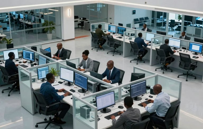 High-angle photography of a tech-enabled operations center in a modern Pan-African / Sub-Saharan Africa business district. Clean lines, glass partitions, and professionals using workstations. Cool blue and white lighting.