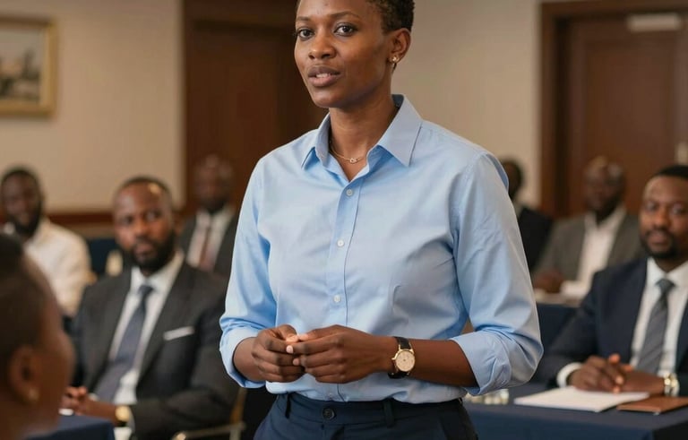 A close-up, dynamic shot of a corporate trainer standing before a group of engaged professionals in a high-end Sub-Saharan Africa / Pan-African hotel conference room. Warm, inviting lighting, using light blue and navy accents.