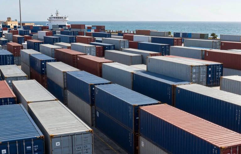 A wide-angle professional photograph of a Spanish maritime port with rows of stacked shipping containers in blue and grey. The Mediterranean sun is bright, and the composition focuses on the organized scale of international logistics.