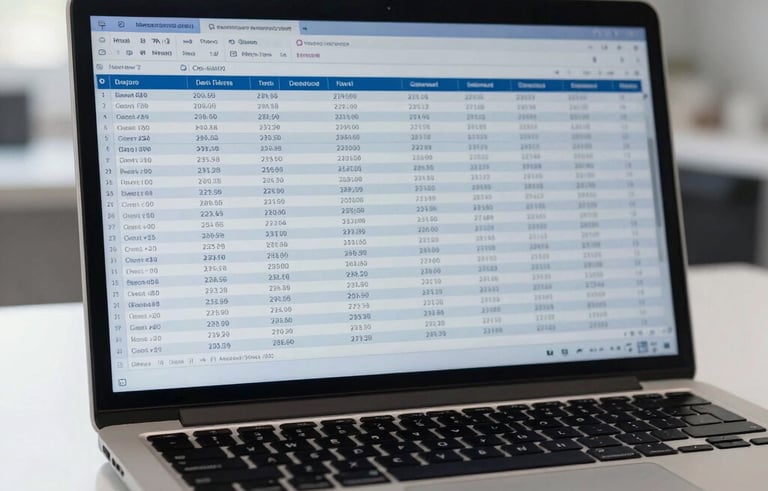 A close-up photograph of a professional laptop screen showing a detailed financial spreadsheet with complex formulas, set on a clean white desk in a bright office in Spain. The lighting is soft and natural, and the color palette features deep blue and light grey tones.