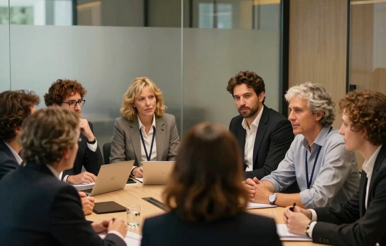A group of professional European adults in a modern, glass-walled conference room in Barcelona, engaging in a collaborative and insightful discussion. The atmosphere is empowering and focused, with warm gold lighting accents.