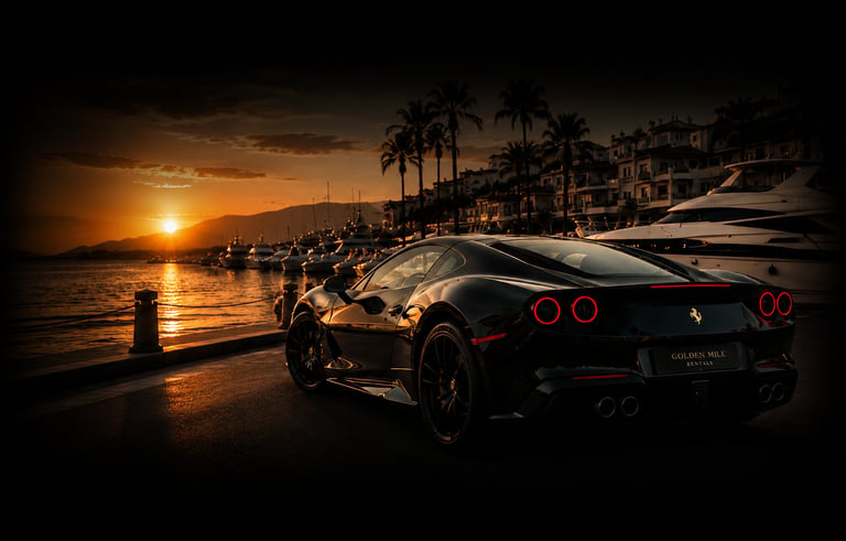 Black Ferrari luxury sports car parked at a tropical harbor during a golden sunset with yachts and palm trees.