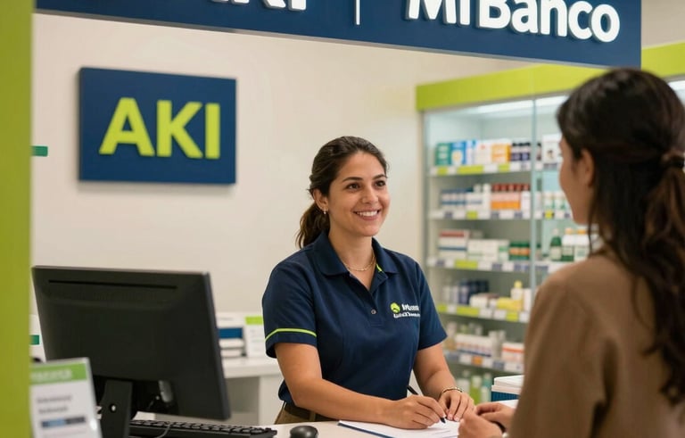 A professional and welcoming banking correspondent counter inside a modern pharmacy in Cali, Colombia. The counter features AKI and Mi Banco signage, with a helpful staff member in a neat uniform assisting a customer. The scene is illuminated with warm, natural light, using a palette of navy blue and apple green accents.